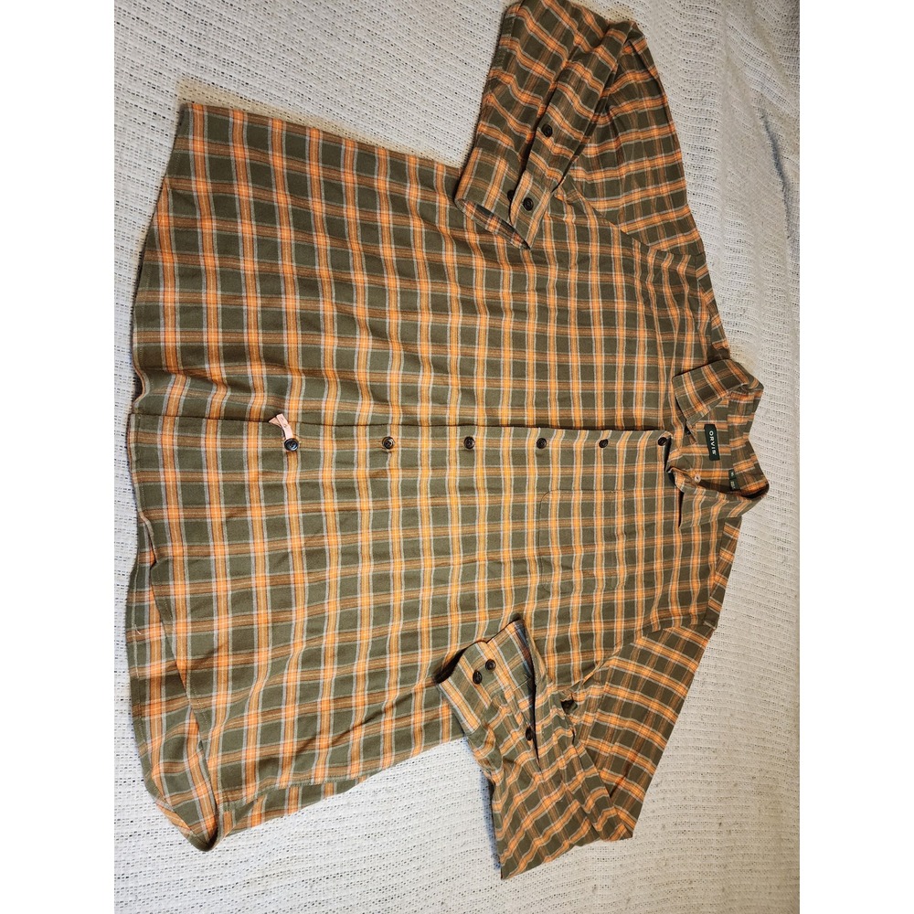 Orvis Mens XL Cotton Merino Wool Blend Plaid‎ Button Down Shirt Olive Orange